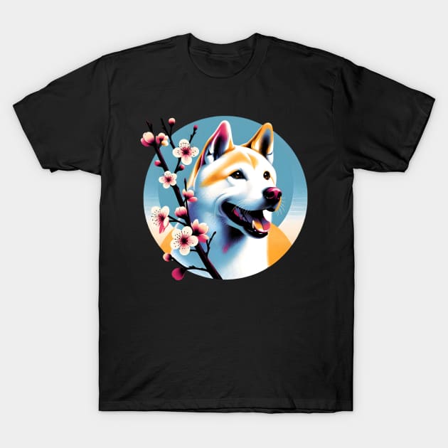 Jindo Dog Welcomes Spring with Cherry Blossoms T-Shirt by ArtRUs